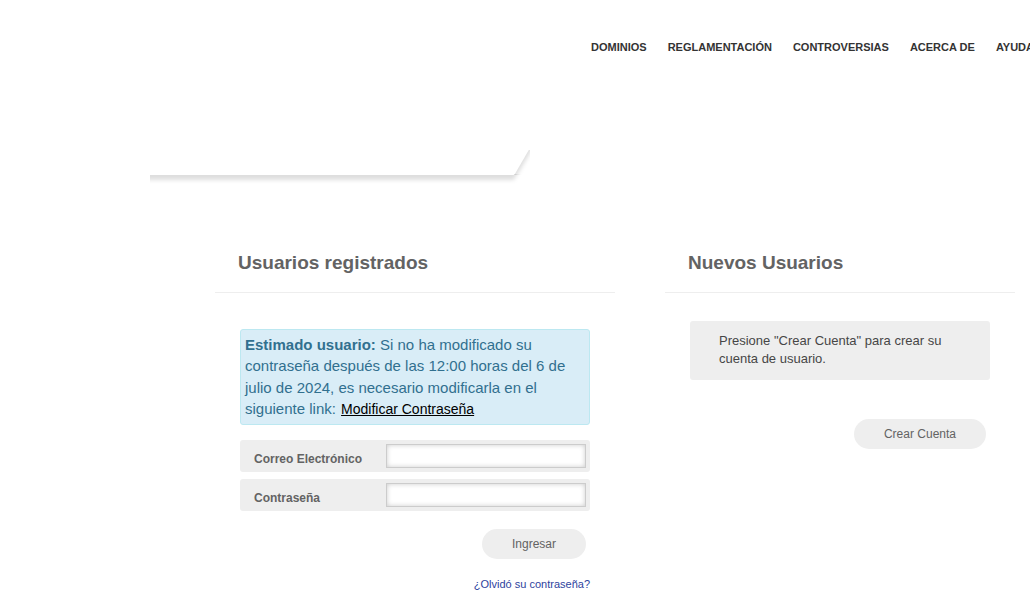 Pantalla de ingreso de clientes.nic.cl, con los campos de correo electrónico y contraseña