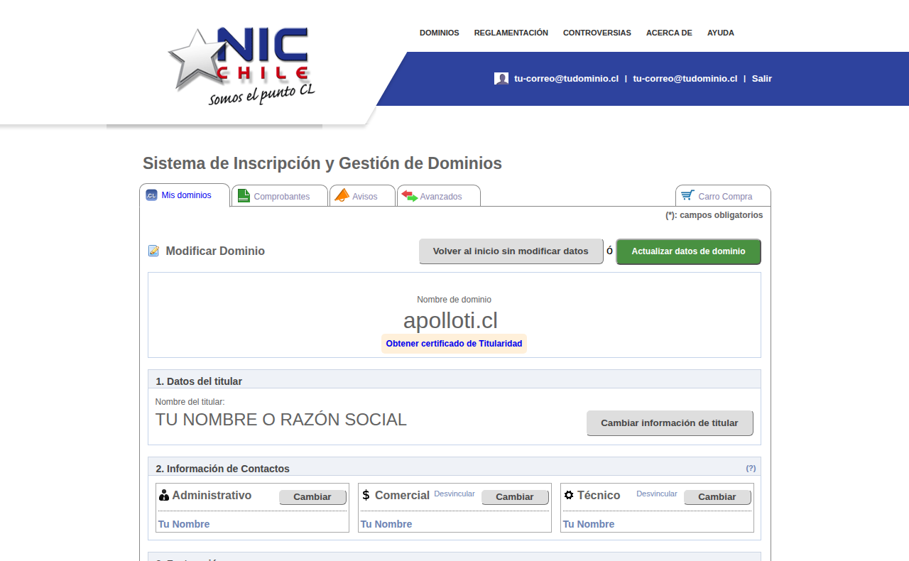 Ficha de gestión de un dominio en clientes.nic.cl, con los datos del titular arriba y el bloque de Información de Contactos abajo