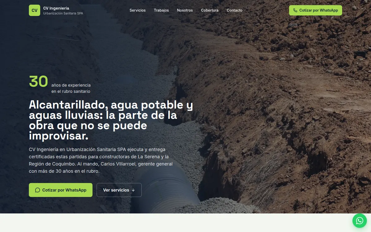 Página de inicio de CV Ingeniería en Urbanización, sitio hecho por RayoWeb