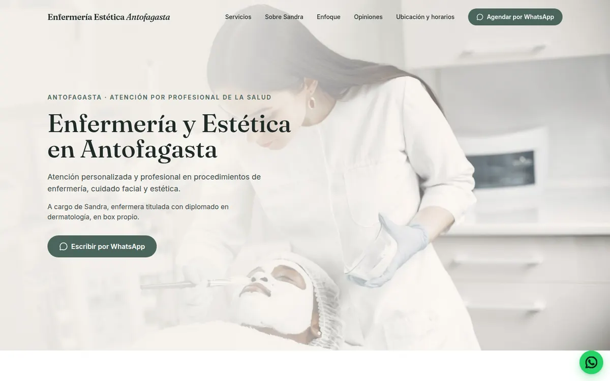 Página de inicio de Enfermería Estética Antofagasta, sitio hecho por RayoWeb