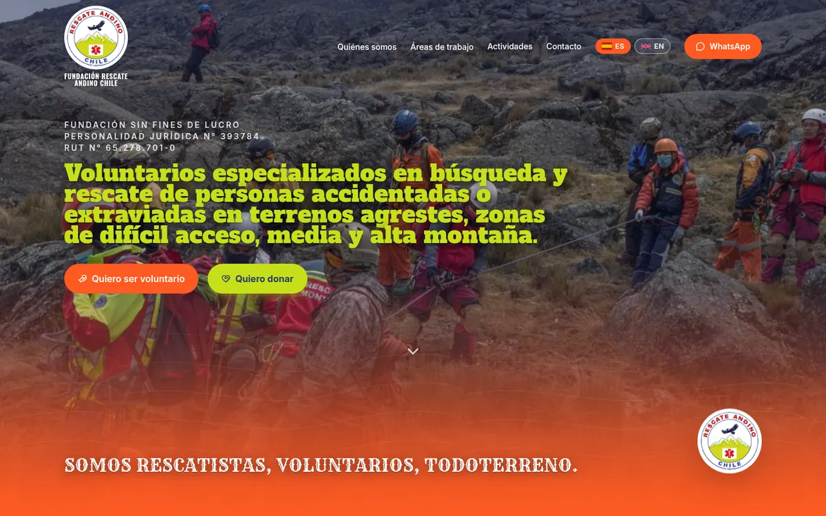 Página de inicio de Fundación Rescate Andino, sitio hecho por RayoWeb