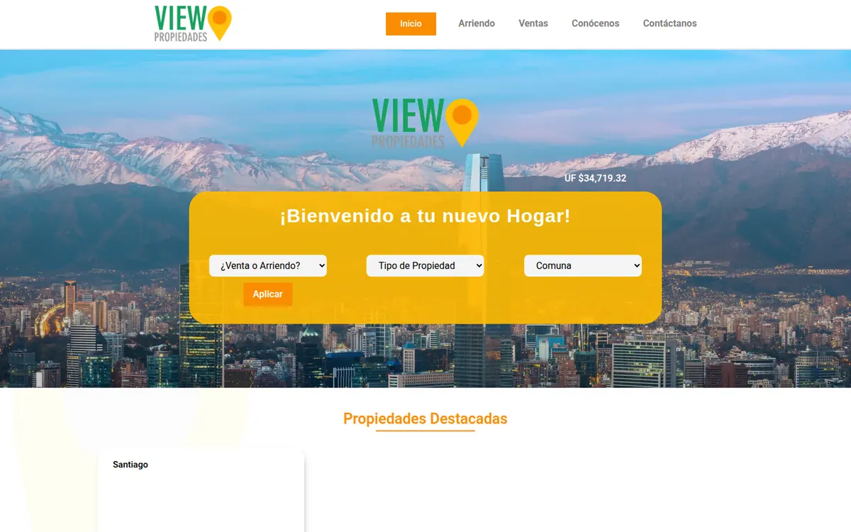 Página de inicio de View Propiedades, sitio hecho por RayoWeb
