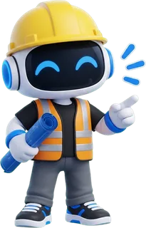 Robot de RayoWeb vestido de constructor, con casco y plano