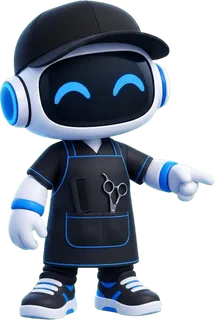 Robot de RayoWeb vestido de peluquero, con delantal y tijeras