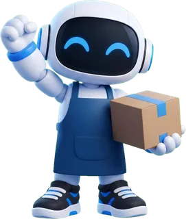 Robot de RayoWeb vestido de vendedor, con delantal y una caja